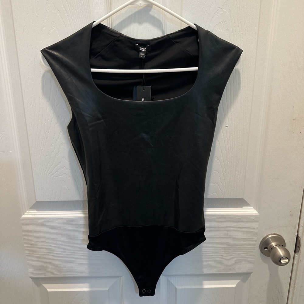 Express Black Faux Leather Trim Bodysuit